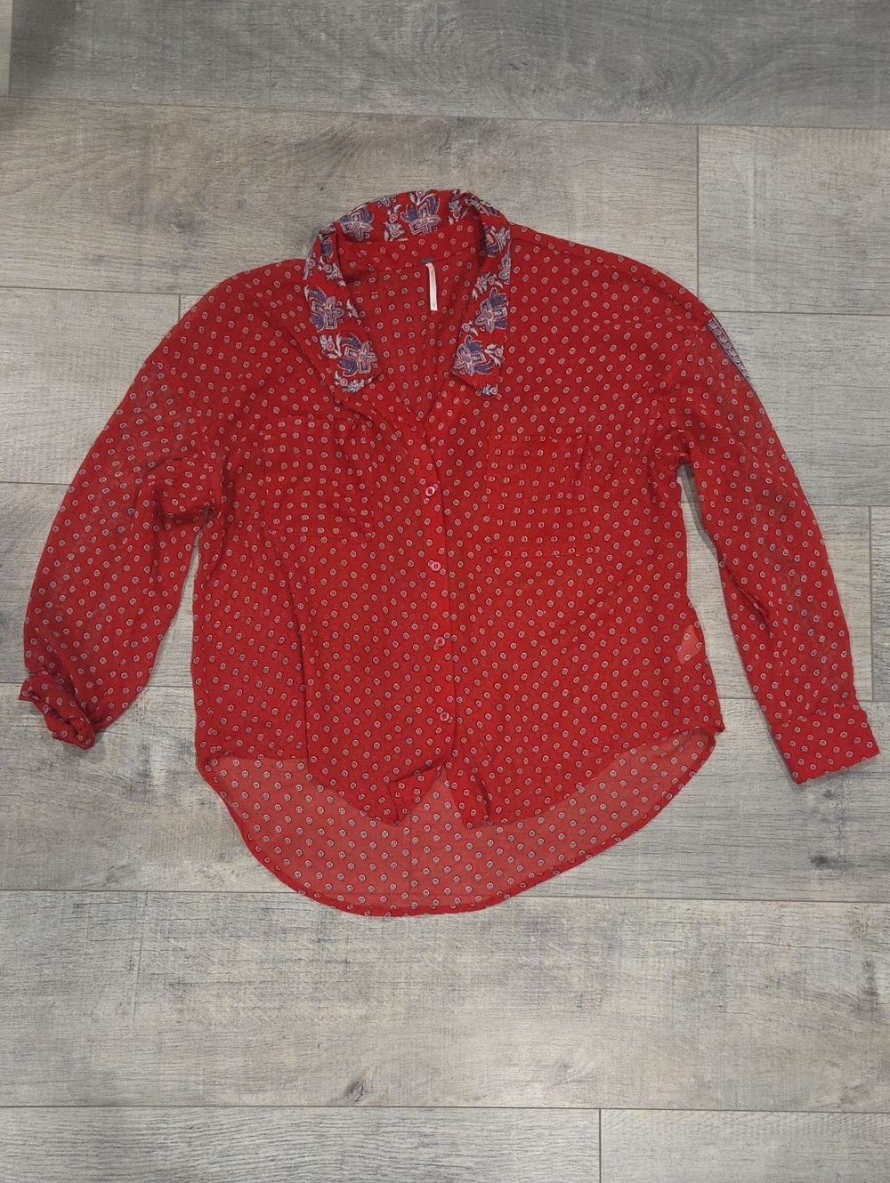 Free People Red Printed Long-Sleeve Tunic Blouse